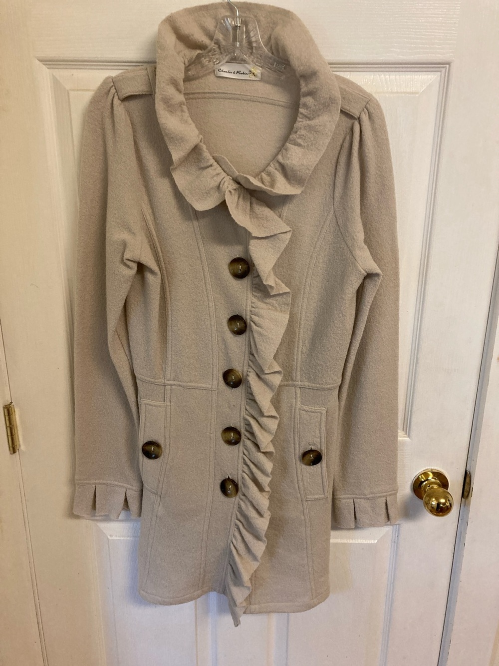 Charlie & Robin Ruffle-Front Cardigan Sweater Coat - Cream